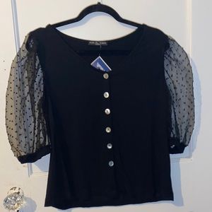 Black button down blouse with mesh polka dot sleeves NWT